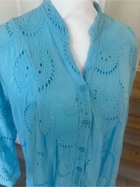 Women's Boho Tiered Sky Blue Trumpet Sleeve Eyelet Embroidered Maxi Dress sz L